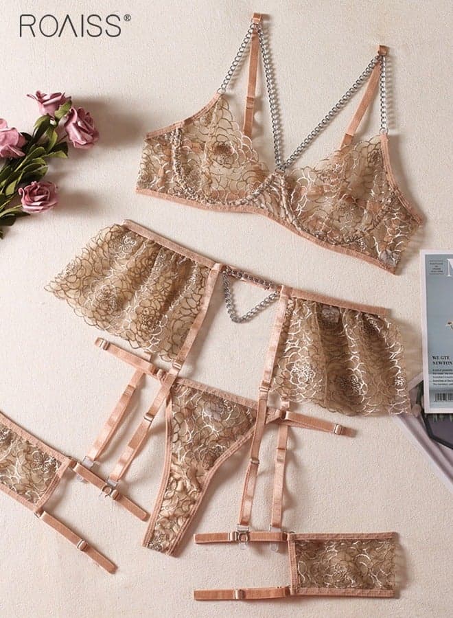 5-Piece Women'S Underwear Mesh Chain Spliced Steel Hoop Bra With Adjustable Shoulder Straps And No Chest Pads High Waisted Thong And Garter With Leg Loop Link Design