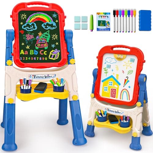 Kids Easel for Toddlers Age 24 Art Magnetic White Board Chalkboard Double Side Adjustable Stand Drawing Writing Learning Educational Toy for 2 3 4 Year Boys Girl Birthday Gifts