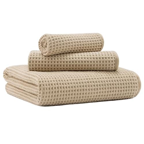 MICROFI Microfiber Waffle Bath Towels 3 Pieces Oversized Soft Absorbent Fast Drying Lint Free Includes Bath Face and Hand Towels 430 GSM