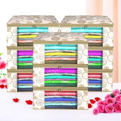 Kuber Industries Non-Woven (Pack Of 9) Saree Covers | Non-Woven Saree Bags | Foldable Storage Bag For Almirah & Wardrobe (9 Inch) Clothes Bag For Women (Gola-Printed) Sari Cover Bags | White