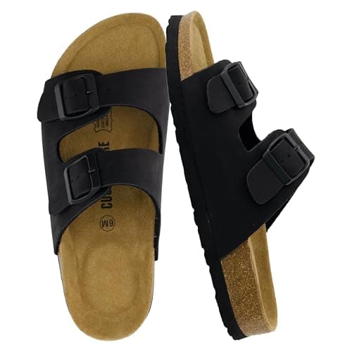 CUSHIONAIRE Lane Cork Footbed Sandals for Women – Comfortable Double Buckle Slip-On with Genuine Suede Footbed & Arch Support Slides for Women Footwear, BLACK 8