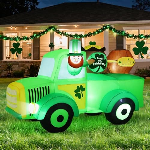 Lewondr 7.87FT St Patricks Day Inflatable Outdoor Decorations, Inflatable Leprechaun Drive a Car with Shamrocks, Blow up Yard Decoration with 11 Build-in Lights for Holiday Party Yard Lawn Garden