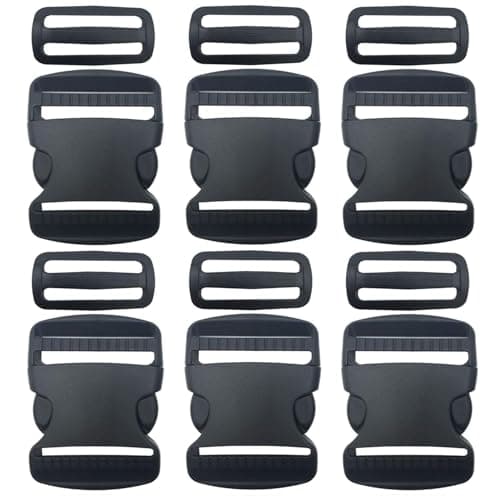 SHOPEE 6 Set 1 Inch Flat Dual Adjustable Plastic Quick Side Release Plastic Buckles and Tri-Glide Slides for Luggage Straps Pet Collar Backpack Repairing (Black, Fit for 1”/25mm Webbing Straps)
