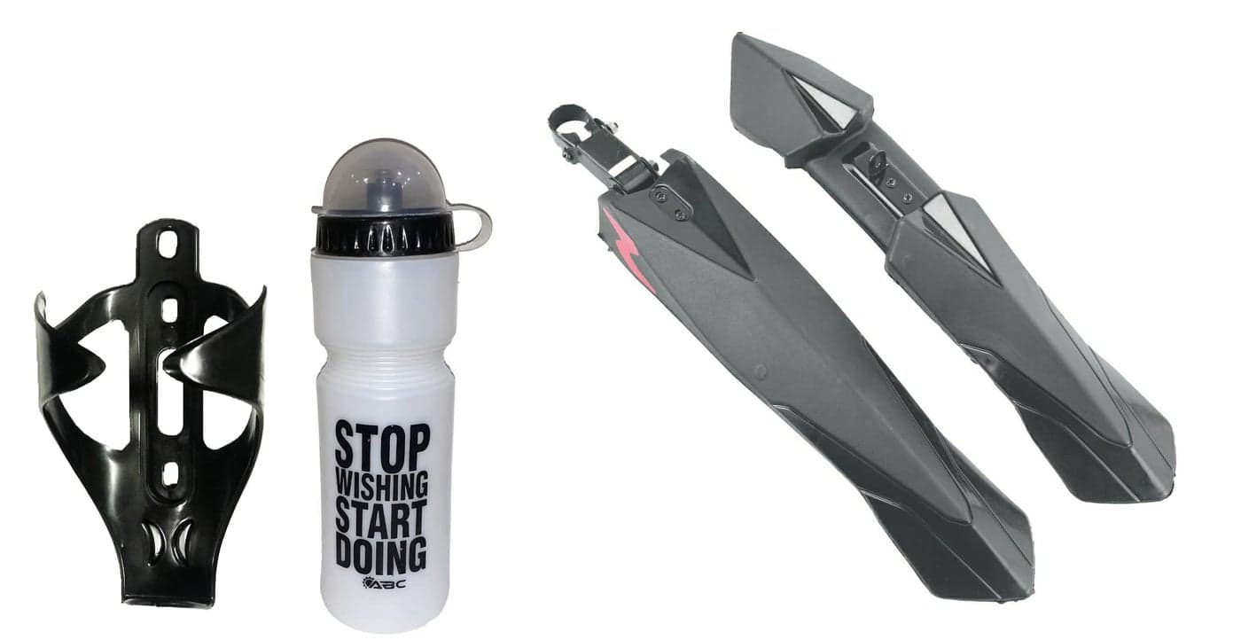 ABC Bicycle Front & Rear Mudguard Dual Tone with Plastic Fitting + 1 Bottle & Stand Included (Black)