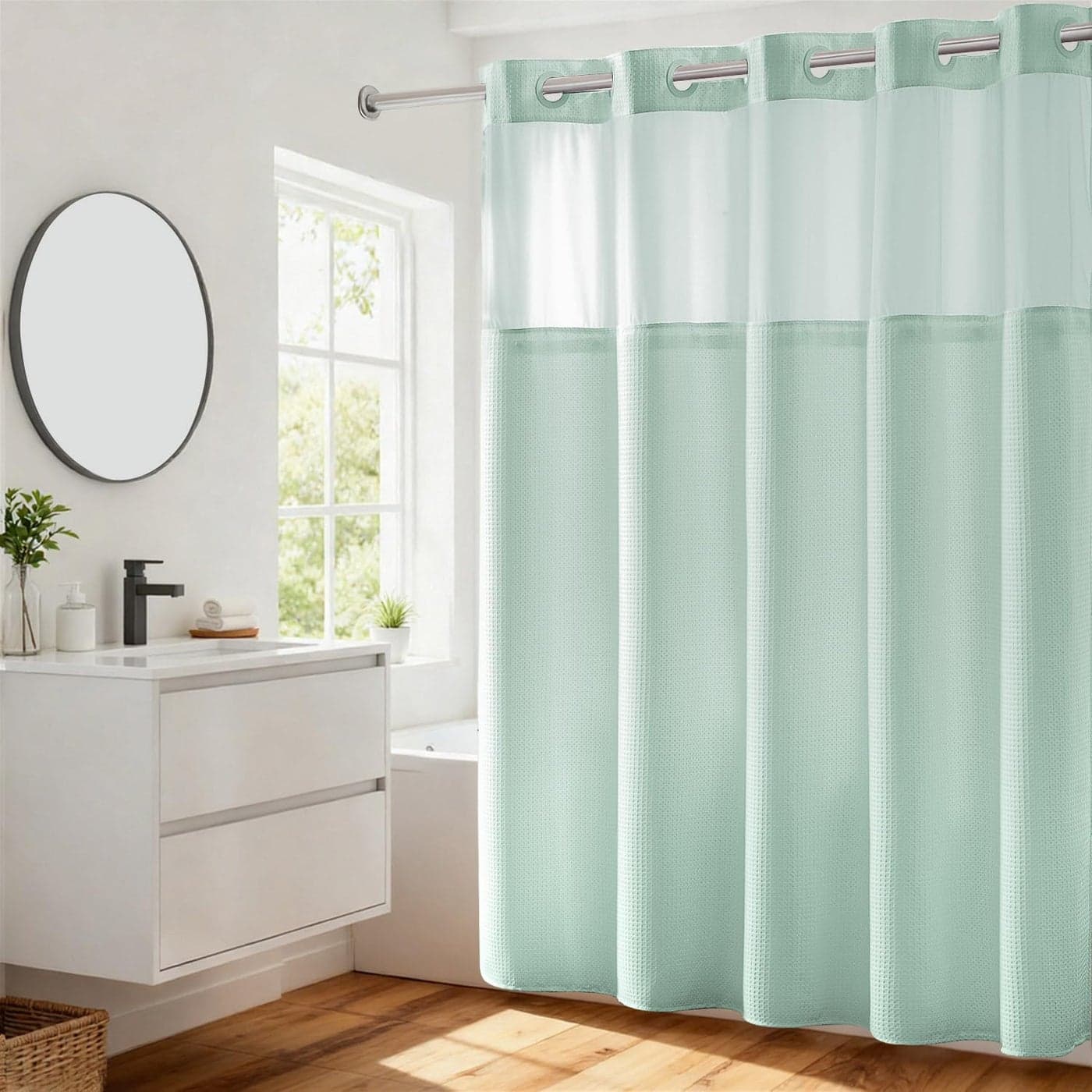 River Dream Heavyweight No Hooks Required Dotted Waffle Weave Shower Curtain with Snap in Liner 71W x 74HHotel GradeSpa Like Bath CurtainMisty Blue