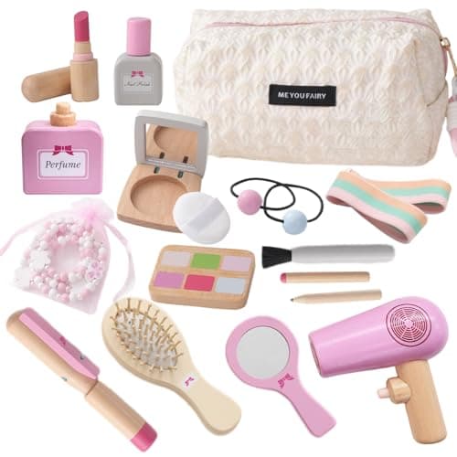 SMARTWO Wooden Makeup Toy Set for ToddlerKids Pretend PlayChildren Role Play ToysFake Cosmetics Salon ToysPrincess Dressup Accessories with Bag Birthday Gift for Girls 3 4 5 6