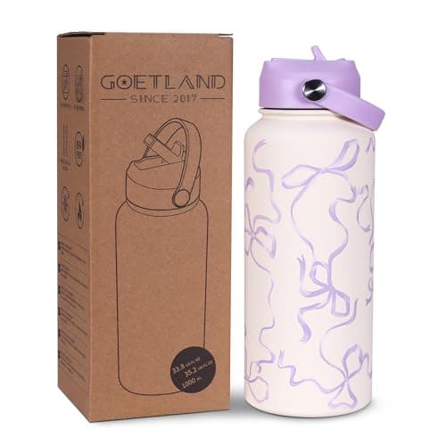 Goetland Ribbon Water Bottle with Straw Lid 32 oz Stainless Steel Wide Mouth Vacuum Double Insulated Drinking Cup Cute Leakproof UV Printing For Women Girls Lavender