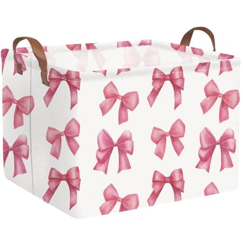 FXOCSHE Rectangular Pink Girls basketDelicate pink bow girls nursery laundry basketPink Laundry Hamperkids waterproof collapsible canvas basketToy binsGirls Room decorBowknots