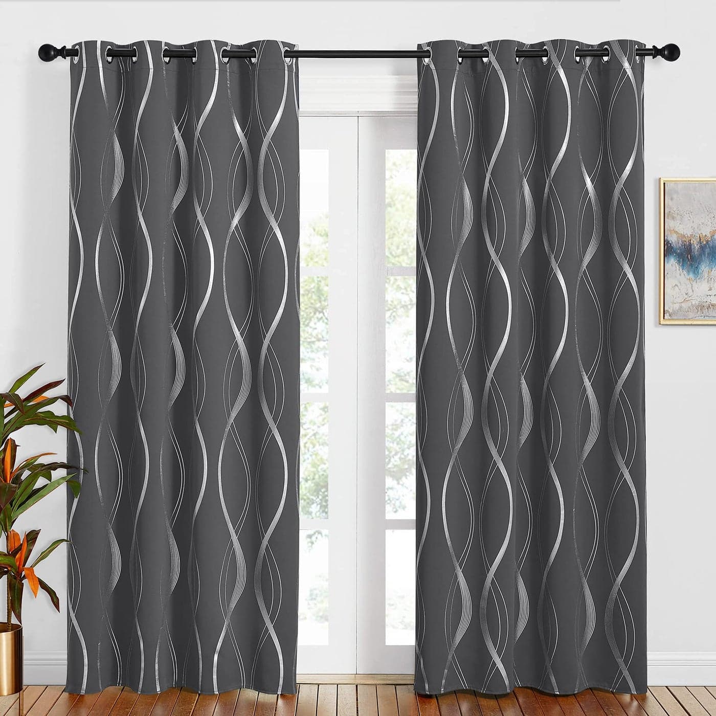 PONY DANCE Blackout Foil Curtains for Living Room 84 inch Drop Thermal Caurtains With Eyelet Door Curtains Silver Wave Line Foil Printed Window Drapes Grey 52 Inches Wide 2 Panels