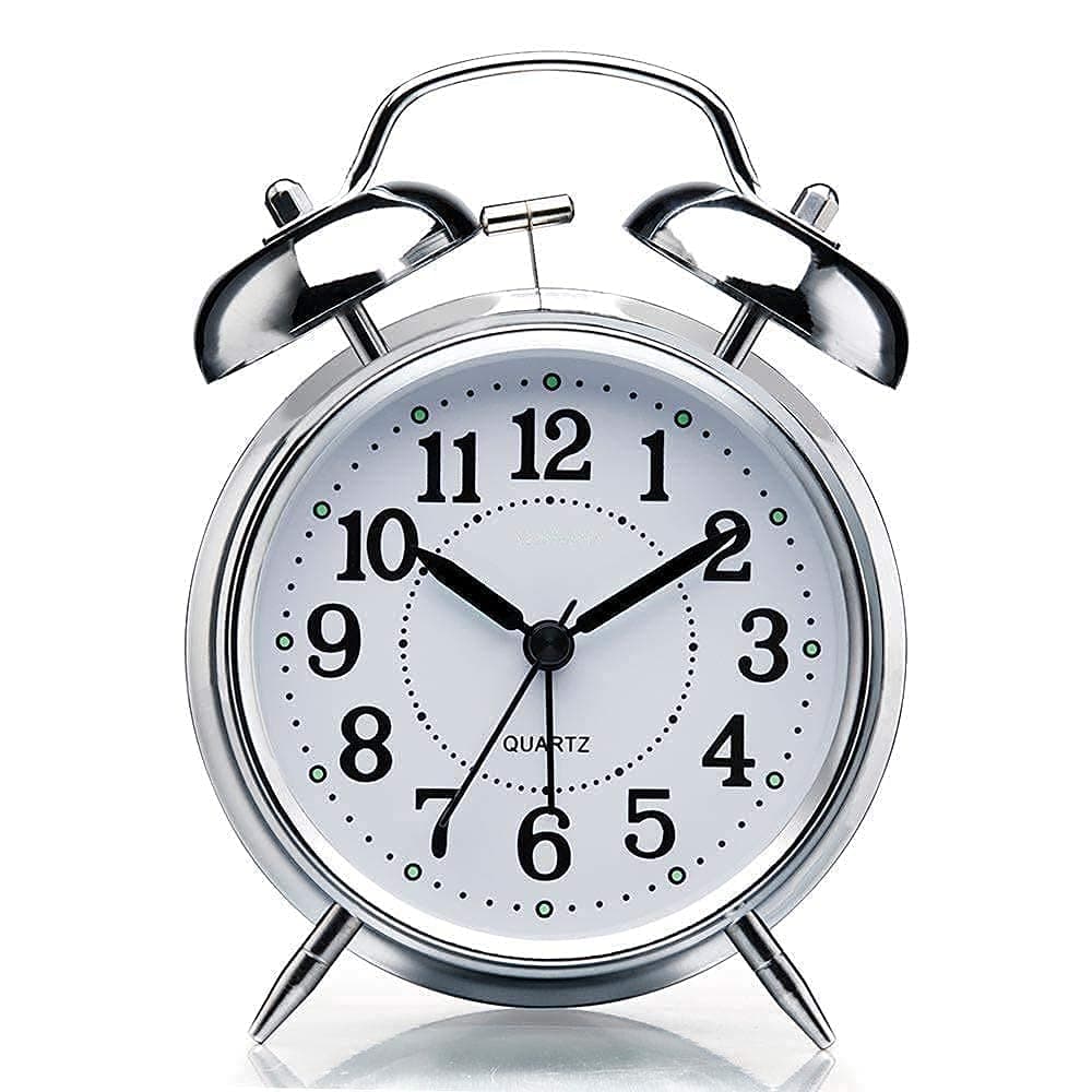 Ncry Twin Bell Plastic Table Alarm Clock for Heavy Sleepers with Night LED Light Display Silver