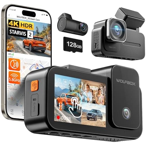 WOLFBOX X5 3 Channel Dash Cam for Car, 4K + 2.5K + 1080P Front and Rear Inside Dash Cam with 5.8GHz WiFi GPS, 8MP STARVIS 2 IMX678, HDR, 128GB Card Included, Touchscreen, Voice Control, Supports 512GB