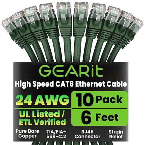 GearIT Cat 6 Ethernet Cable (10-Pack 6 Feet) Cat6 Network Patch, 10Gbps, RJ45, Snagless Cord, Gold-Plated Connectors, Internet for PC, TV, Tablet, Router, Printer, Servers, IT Data Center - Green