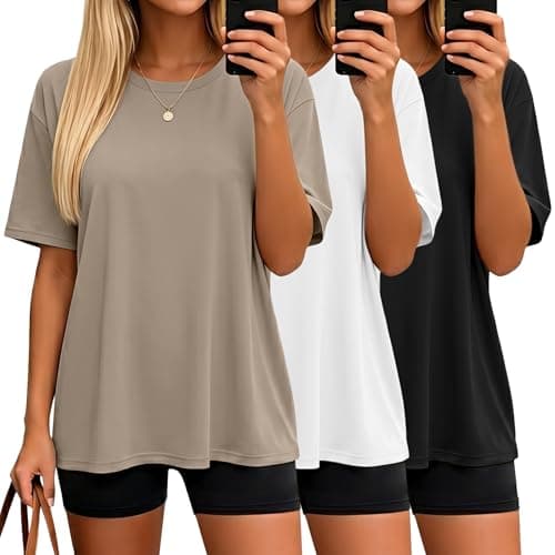 HOPLYNN 3 Pack Oversized Tshirts for Women, Summer Baggy Loose Fit Tops Crew Neck Workout Tees Plus Size T Shirts 1 Black 1 Khaki 1 White X-Large