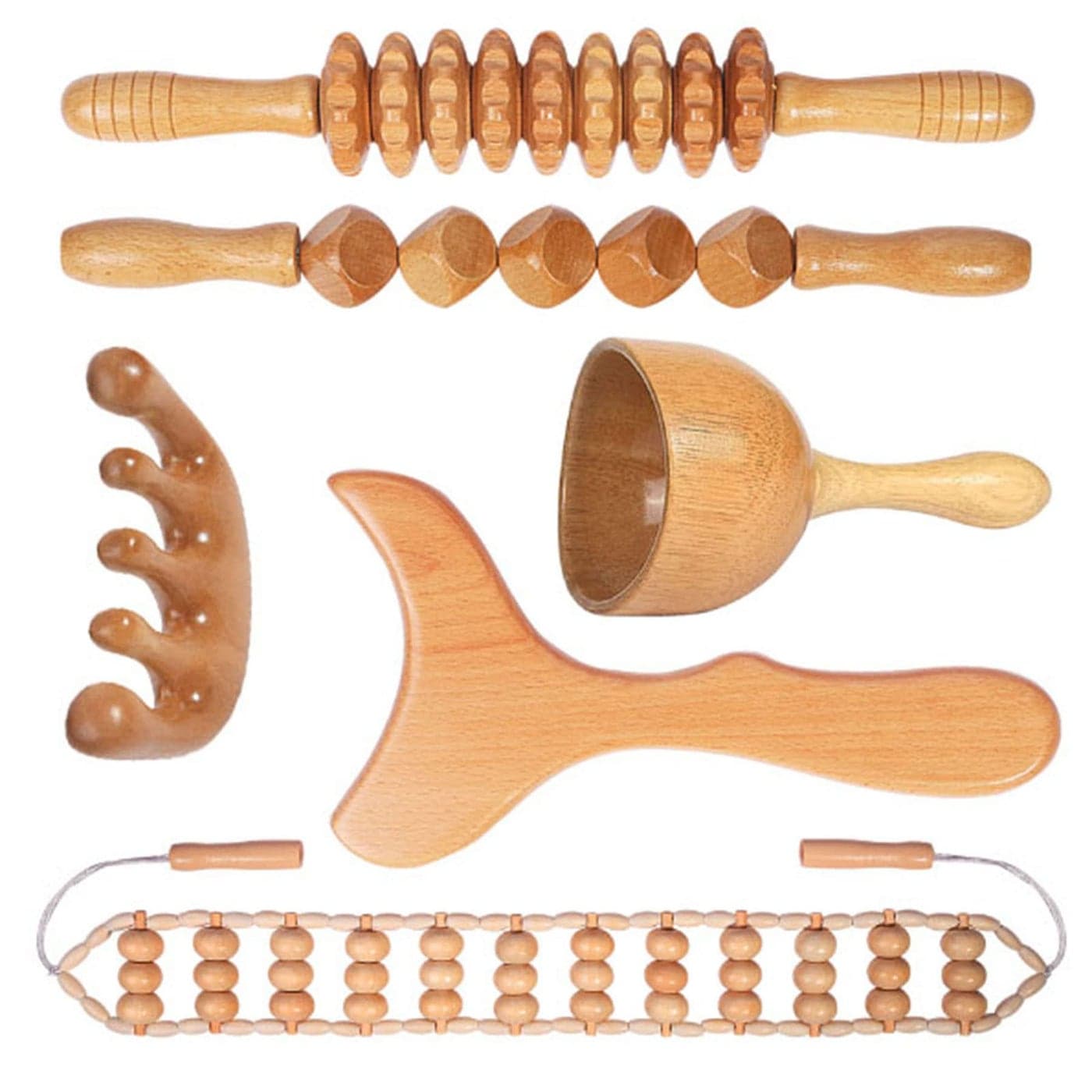 OYAMEQICH Wood Therapy Massage Tools Maderoterapia Kit Body Sculpting Tools for Lymphatic Drainage and AntiCellulite Wood Massager Roller Rpoe for Back and Muscle Pain Relief Medium