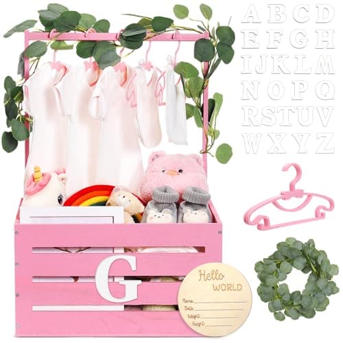 Barydat Wooden Baby Shower Crate Closet Basket with Handle Baby Announcement Sign Garland Hangers Large Letter Wooden Gift Crate Letters for Pregnancy New Parent PartyPink