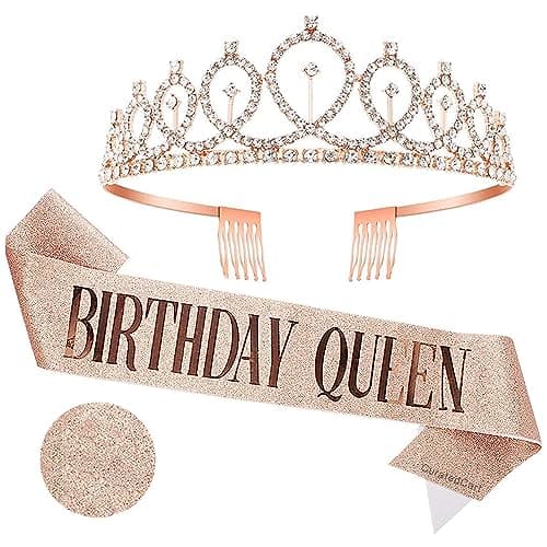 Curated Cart Crystal Crown for Women and Girls - Elegant Rose Gold Glitter Birthday Queen Sash Set with Sparkling Tiara, Perfect for Birthday Parties, Bridal Showers, and Special Occasions