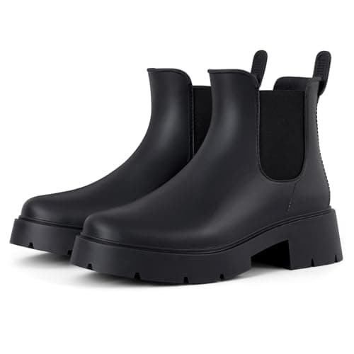 Asgard Women's Platform Ankle Rain Boots Waterproof Chelsea Boots Short Rubber Booties with Chunky Heel, Platform Black 39
