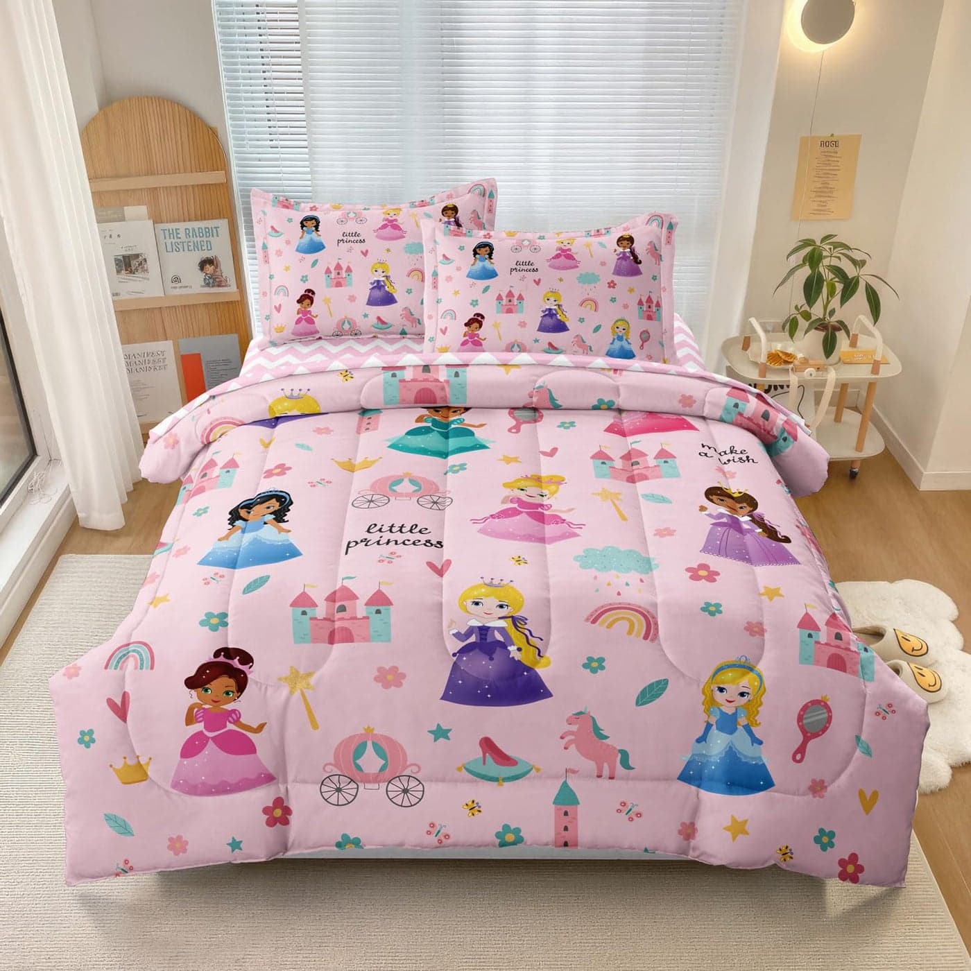 SIRDO Kids Magical Princess Comforter Set Bed in a Bag Twin Size 5 Piece Soft Cute Castle Bedding Set for Girls 1 Comforter 1 Flat Sheet 1 Fitted Sheet 2 Pillowcases Pink