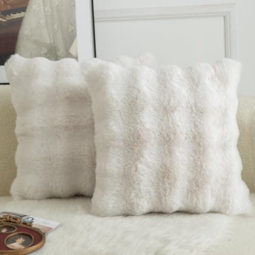 MANDIOO Pack of 2 Thick Plush Wool Decorative Throw Pillow Covers Super Soft Wave Bubble Fur Velvet Cushion Covers Pillow Shams for Couch Bed Living Room 18x18 Inch Cream White