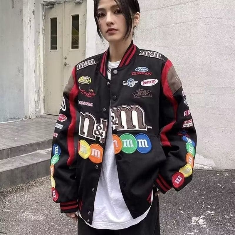American high street letter mm bean embroidered baseball jacket quilted men's and women's loose vintage racing jacket