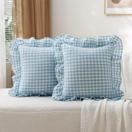 K MASANIJI 2 Pack Light Blue White Plaid Ruffle Gingham Throw Pillow Covers, 100% Washed Cotton Checkered Farmhouse Decorative Pillow Shams for Bed/Sofa - 18"x18"