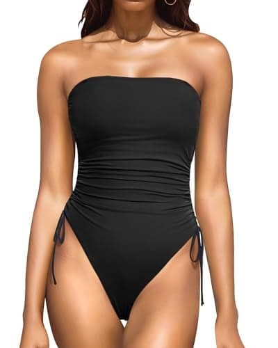 Yonique Women Strapless One Piece Swimsuit Tummy Control Bandeau Bathing Suit Cheeky Swimwear Black S