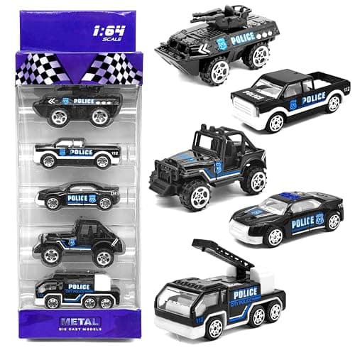 VGRASSP 1:64 Scale Mini Die Cast Alloy Metal Police Department Vehicle Toy Set for Kids - Free Wheels Pretend Play Emergency Patrol Rescue Toy Cars for Boys and Girls - Set of 5
