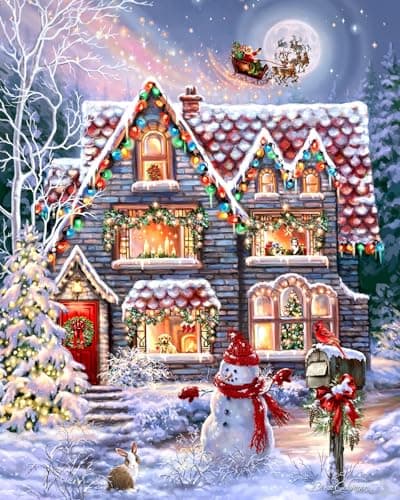 Springboks Christmas Eve Cottage 1000 Piece Jigsaw Puzzle is a Classic Image of a Cozy Christmas Cottage Complete with Snowman and Santa Sailing Above in His Sleigh