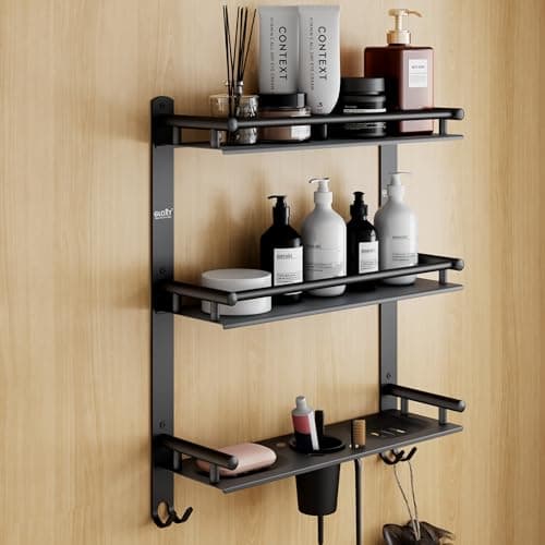 GLOXY Premium Bathroom Shelf Rack - Black Matte Finish 4in1 Stainless Steel Wall Mount Bathroom Soap Rack with Toothbrush Holder - Bathroom Fittings Accessories Set with Multipurpose Hooks