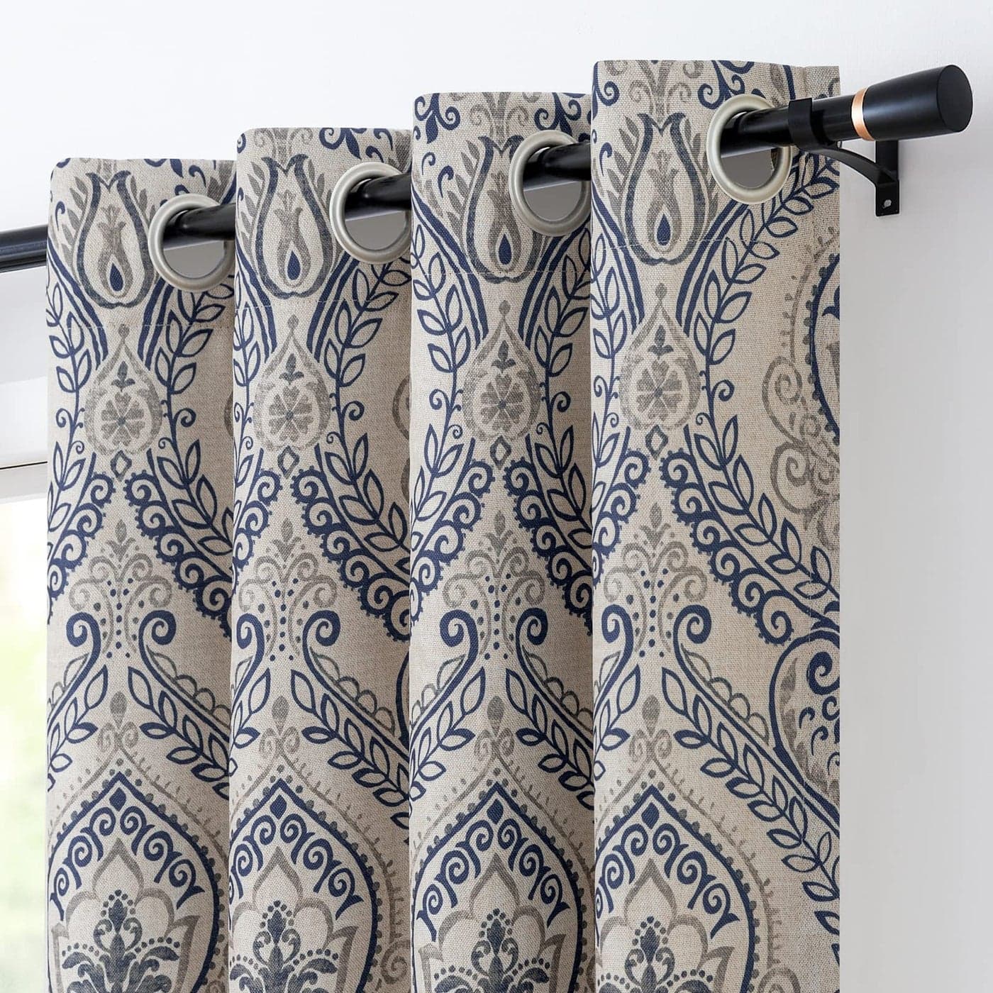 Vangao Damask Curtains 63 Inch Length 2 Panels Paisley Medallion Print Curtains for Bedroom Living Room Darkening Drapes Vintage Retro Linen Textured Window Treatment Blue on Beige