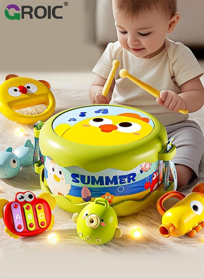 Toddler Musical Instruments,Baby Toys 5-Piece Set , Infant Rattle Hand Drum Early Education Kit for 0-12 Months,Green Waist Drum,Sensory Development, Boys and Girls ,Preschool Educational 3+