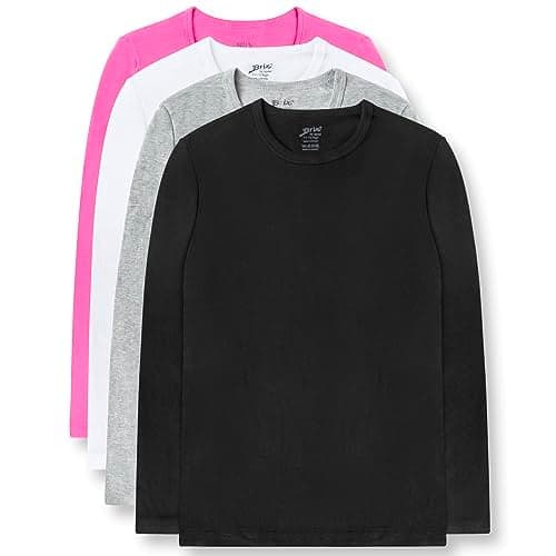 Brix Girls' Long Sleeve Tees - 4 -Pack Crew Neck Super Soft Cotton T Shirts. (Grey, Pink, Black, White, 14/16 Years)