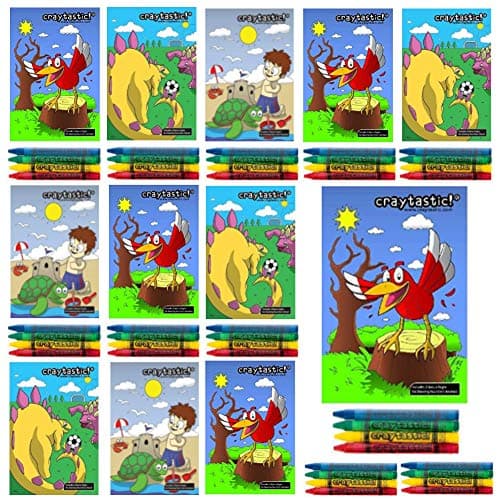 Craytastic Kids Coloring Book Set with 12 Coloring Books and 48 Crayons Dinosaurs Animals Ocean Sports Theme Birthday Party Supplies Goodie Bag Carnival Prizes Stocking Stuffers Classroom Reward