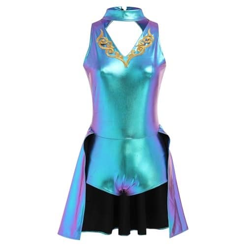 ODASDO Women Trapeze Artist Fancy Dress Circus Costume Woman Holographic Metallic Jumpsuit Onepiece Bodysuit Mock Neck Leotard Dress Gymnastic Talent Show Ballet Dancewear Stage Performace Blue L