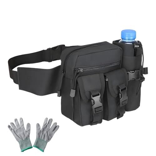 Klmnop Metal Detecting Bag with A Pair of Gloves Portable Finds Waist Bag with Water Bottle Pouch for Outdoor Metal Detector AccessoryBlack