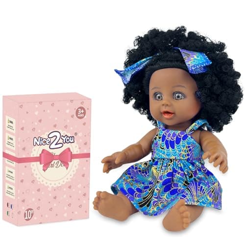 Nice2you Black Baby Doll for Girl 10 inch African American Black Doll with Dress Reborn Realistic Baby Doll for Kids Aged 1 2 3 4 5 Small Silicone Black Doll Toy with Curly Hair for Birthday