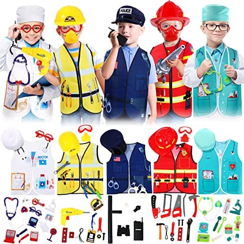 Deekin 5 Sets Kids Dress up Costumes Toddler Dress up Clothes for Boys Girls Community Helpers Construction Worker Police Firefighter Doctor Surgeon Pretend Outfits for Ages 37