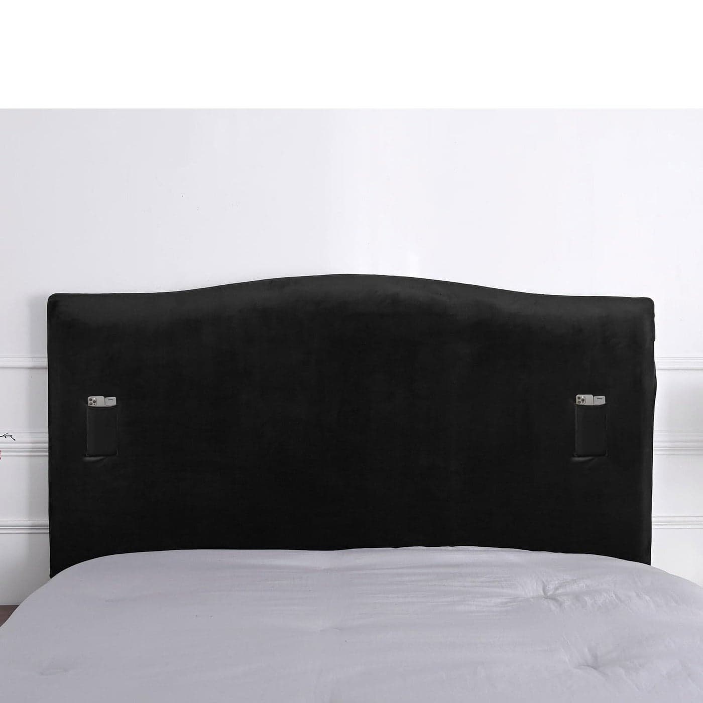 WOMACO Headboard Cover Queen with Storage Pockets Stretch Velvet Head Board Slipcover Dustproof Bed Head Cover for Upholstered Headboard Length 51 70 Black