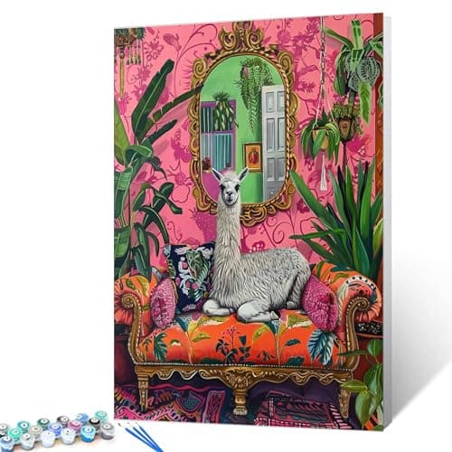 Aihonmin Llama Paint by Numbers Tropical Green Leaves Paint by Numbers Kits ChildrenBoho Painting Kits on Canvas with Brushes and Acrylic Pigment Without Framed 16W x 20H