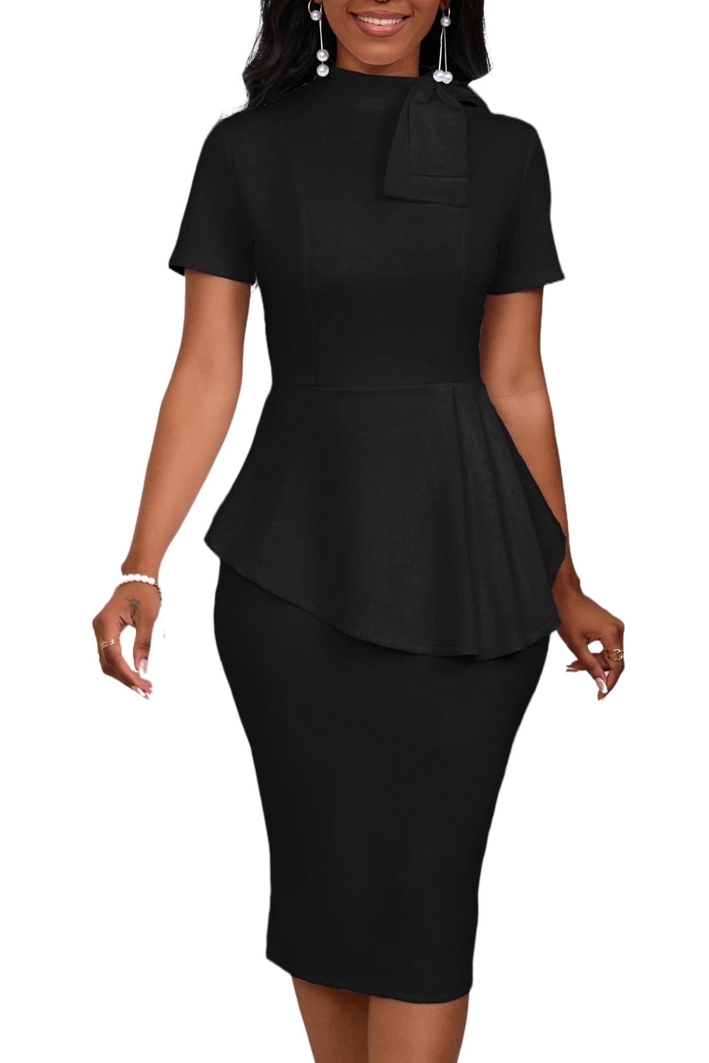 Church Dress for Women Fashion Peplum Bodycon Short Sleeve Work Dresses Bow Club Ruffle Pencil Formal Cocktail Dress Black Large