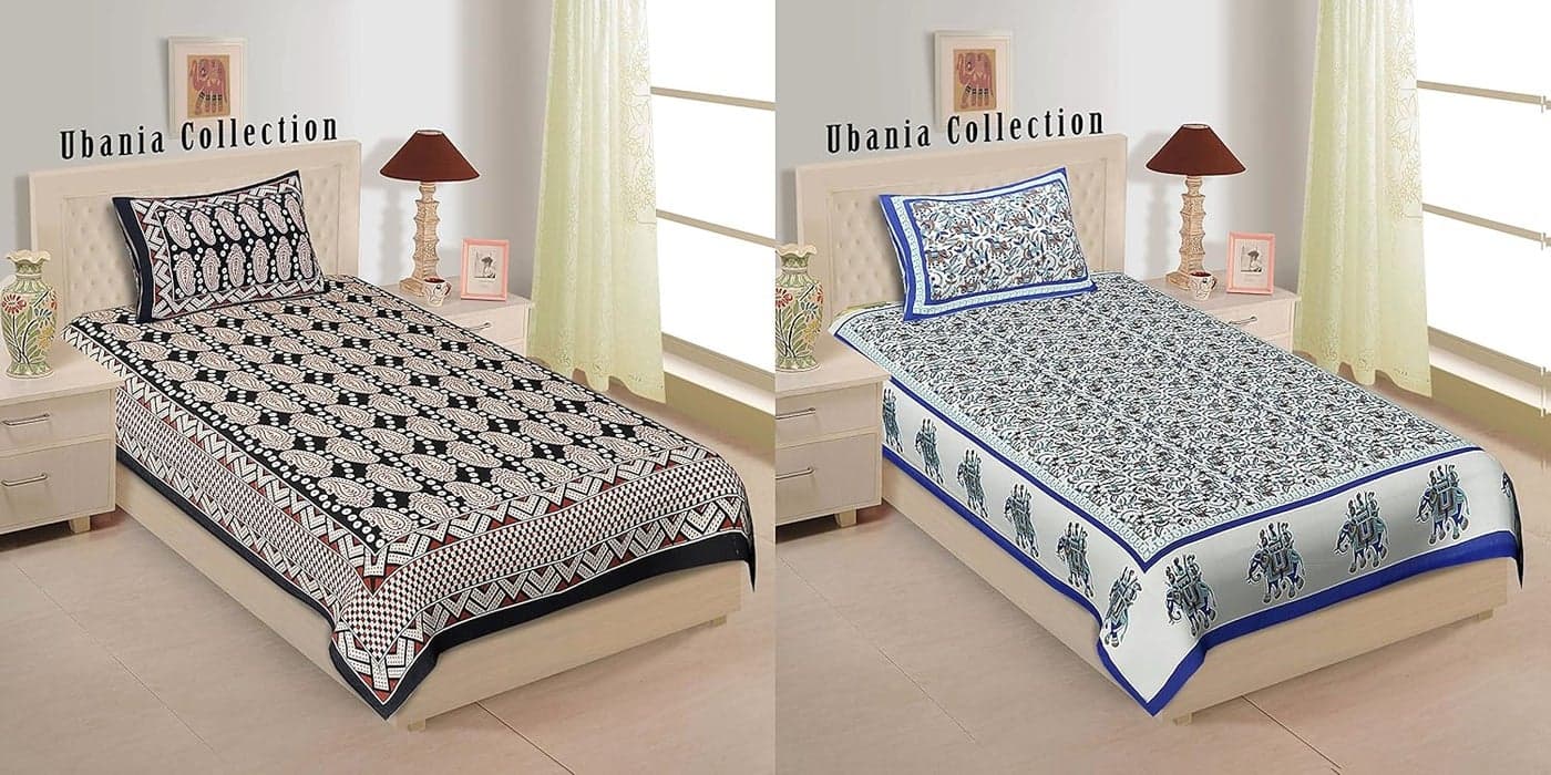 Ubania Collection Rajasthani Traditional 100 Cotton 2 Single Bedsheet with 2 Pillow Cover Combo Pack of 2
