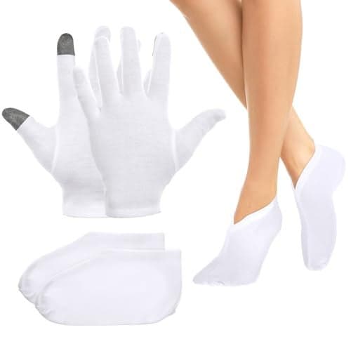 4 Pairs White Cotton Moisturizing Socks Gloves Overnight for Dry Feet Hands Cotton Moisture Lotion Sleeping Overnight Socks Gloves for Women Girls Dry Feet Hands Healing Repairing Softening