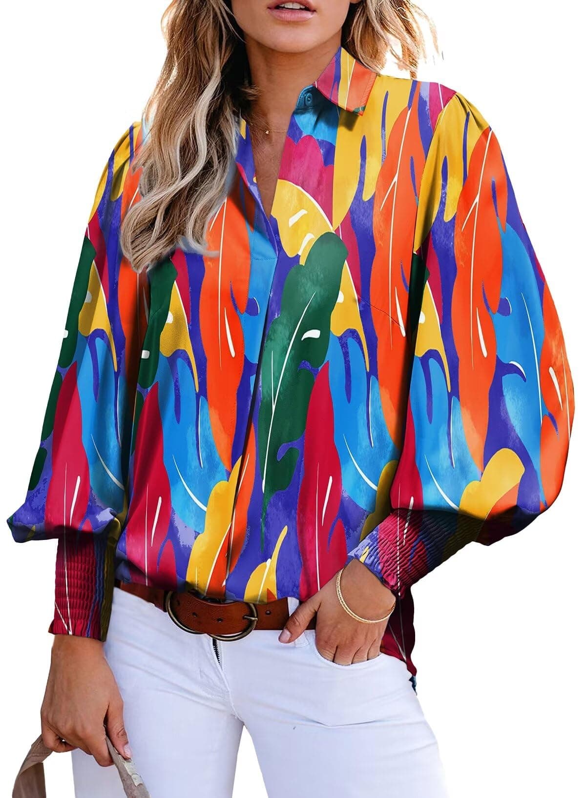 Astylish Womens Romantic Lantern Sleeve Shirt Cool Breathable Fit Silk Paisley Print V-Neck Retro Button Down Shirts Tunic Pink Large