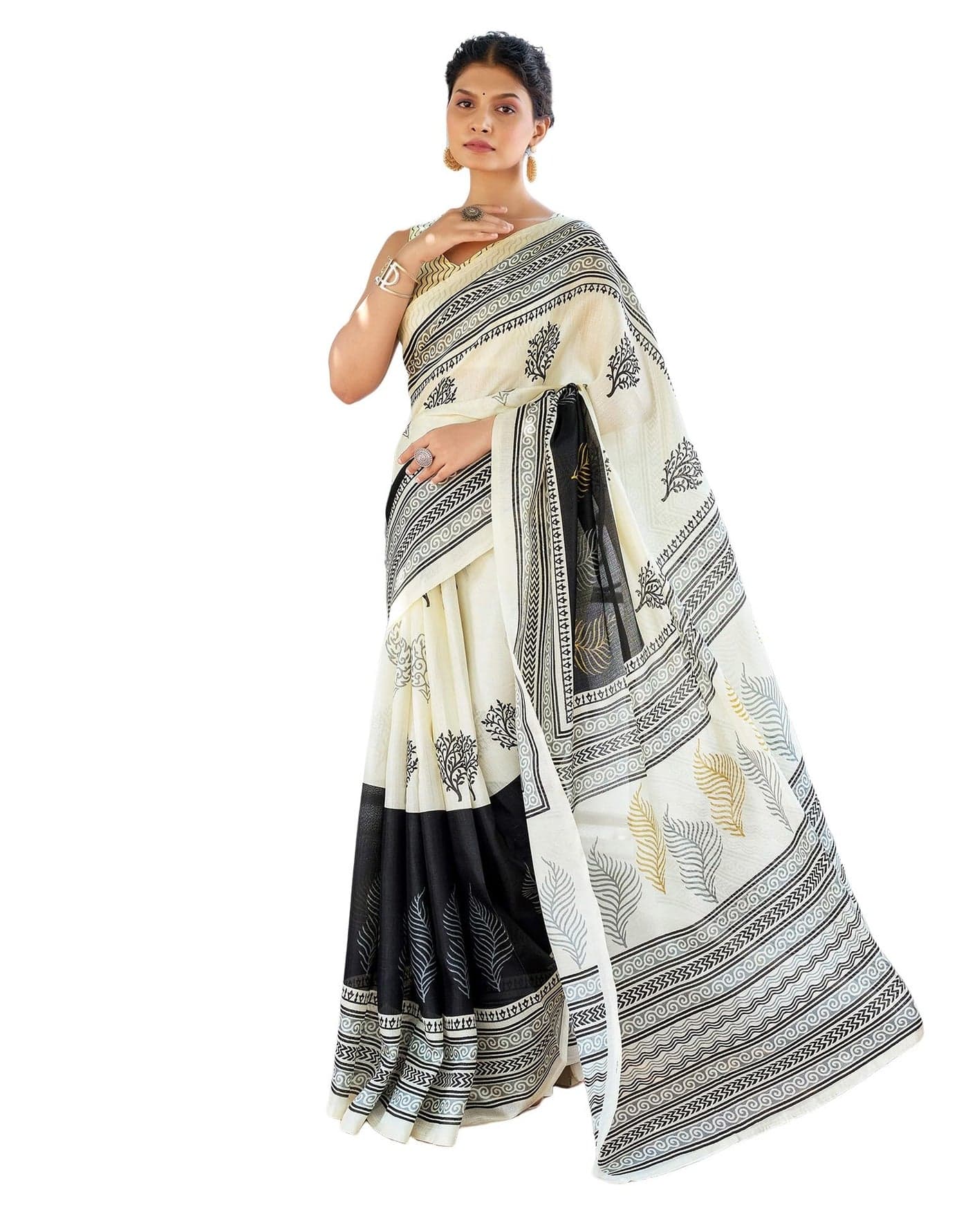 SIRIL Women's Cotton Blend Printed Saree with Unstitched blouse Piece (4411S478_Black)