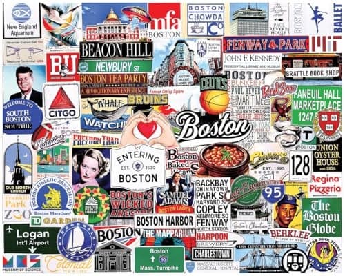 White Mountain 1000 Piece Jigsaw Puzzle Boston State Collage Puzzles with Large Pieces Gift for Adults and Family 24x30 I Love Boston