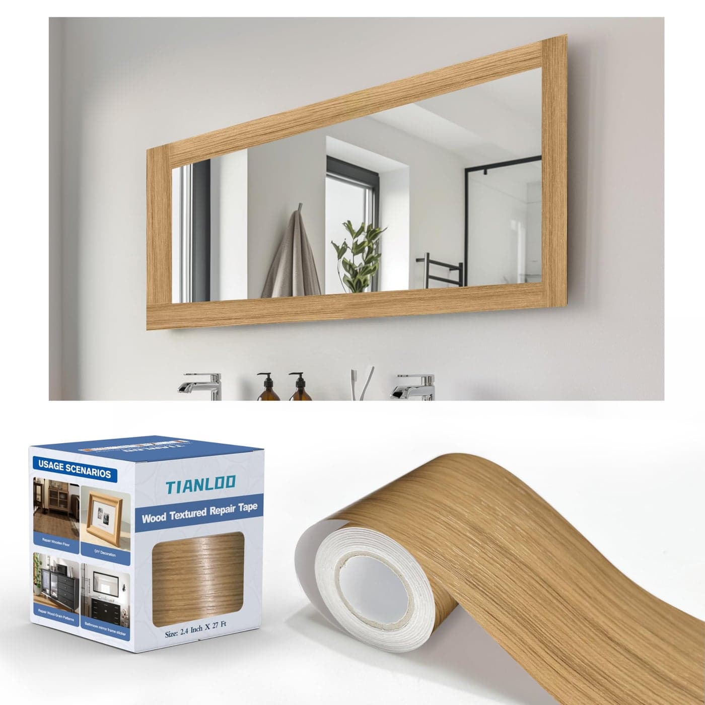 TIANLDD 27 FT Wood Grain Wallpaper Border Removable Waterproof Mirror Border Peel and StickBathroom Mirror Frame BorderNatural Oak