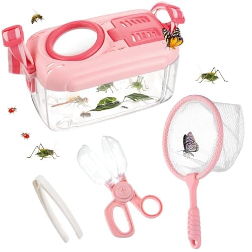 Biubee Bug Catcher for Kids Sturdy Kid Bug Catching Kit Gifts with Butterfly Net Collector Insect Catcher Tweezer Pink Kids Bug Habitat Outdoor Explorer Kit for Girls Age 3 4 5 6 7 8 8Pcs Pink