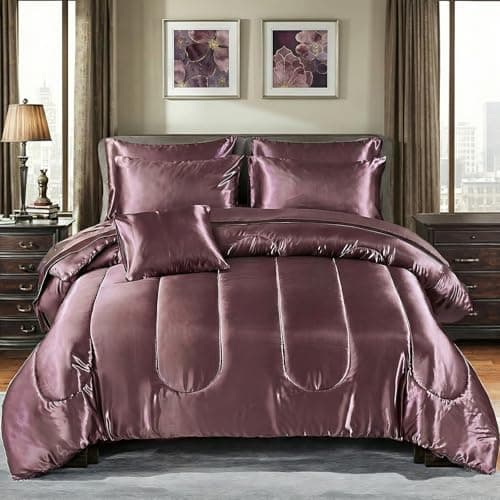 Bedding_Dreamer Satin Comforter Set Queen Size, 8 Piece Bed in a Bag Blush Pink with Sheets, Silky Soft Polyester Satin Bedding Set, Lightweight, 16 Inch Deep Pocket, Elegant Luxury Style