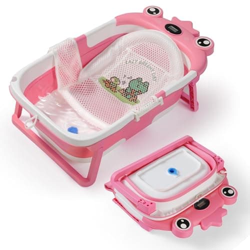 Baby BathtubCollapsible Baby Bath Tub with Soft Cushion Thermometer Space Saving Foldable Travel Newborn Bathtub for Infant to Toddler 036 Months Frog Pink