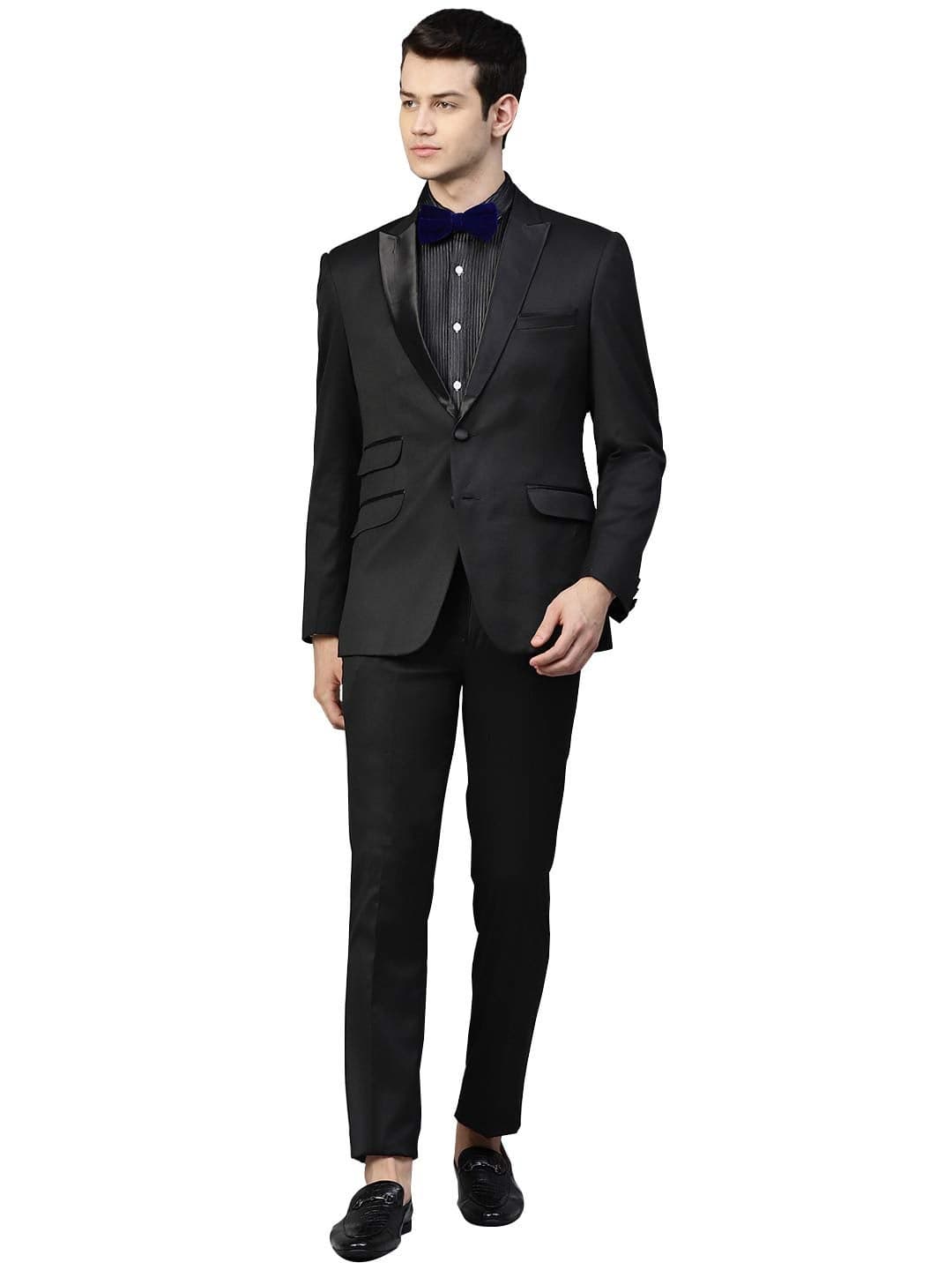 MANQ Men Black Solid Slim Fit Tuxedo Suit (Size: 42)